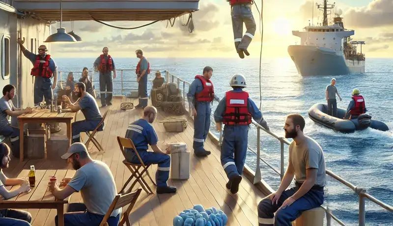Seafarers on a ship deck at sunset, engaging in various activities, symbolizing mental health support and camaraderie at sea.