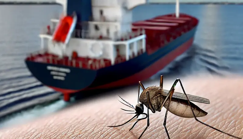 An image of a ship in a tropical area with a mosquito in the foreground, highlighting the risk of malaria for seafarers.