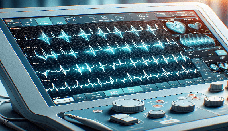 Effective ECG Interpretation Guide: A professional electrocardiogram (ECG) machine displaying a detailed and intricate ECG report with complex wave patterns, including precise P waves, QRS complexes, and T waves, indicative of expert heart rhythm analysis.