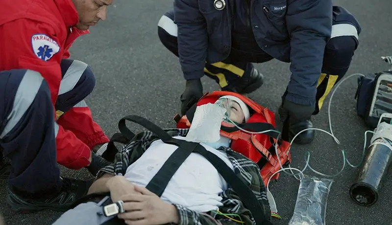 A heavily injured patient ready to be transferred by air ambulance.