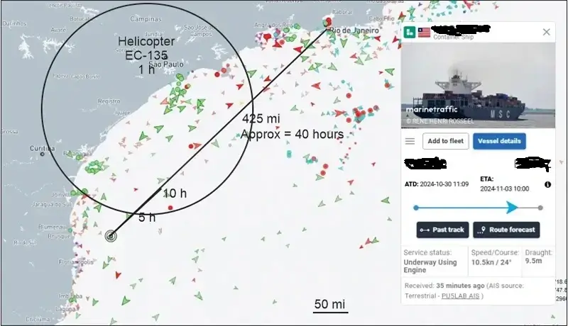 A nautical map showing the position of a cargo ship heading to Rio De Janeiro and the range of a helicopter EC-135 from the land