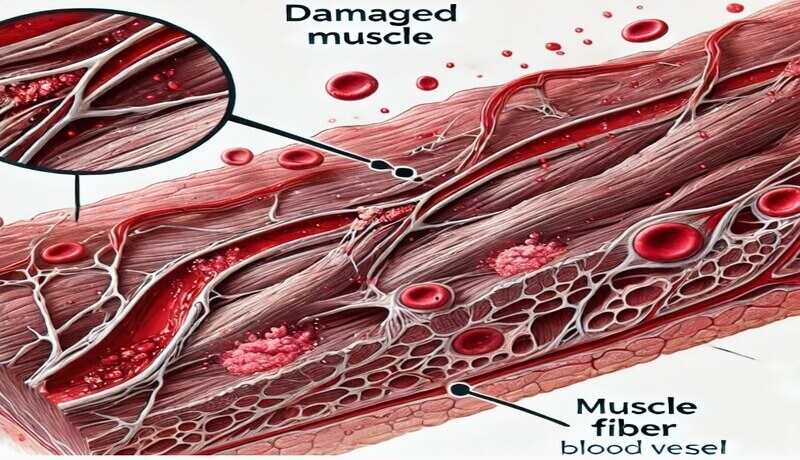 muscles fibers showing where the damaged muscle is ,muscle fibers and blood vesels