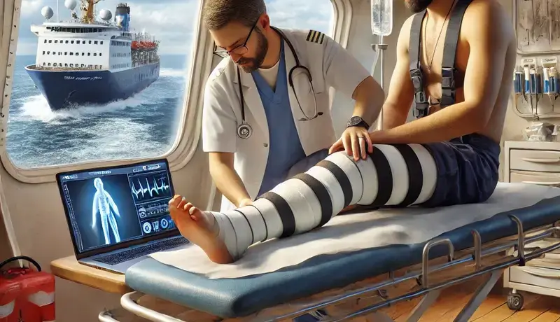A maritime medic attending to a crew member with a leg injury onboard a ship, applying a traction splint with telemedicine support on a laptop nearby.