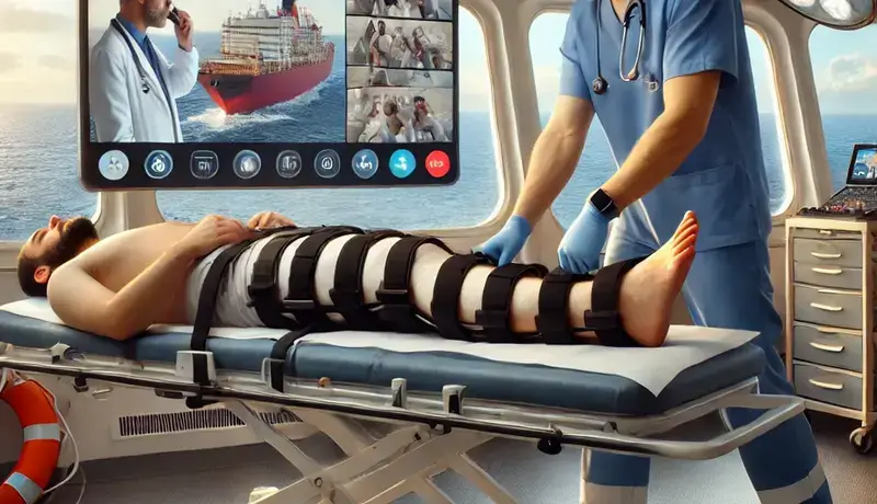 A maritime medic treating a patient with a leg injury onboard a ship, using a traction splint while consulting a telemedicine doctor on a large screen.