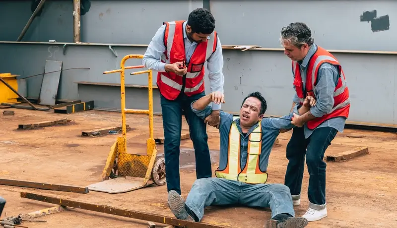 Two workers assisting an injured colleague on a construction site.