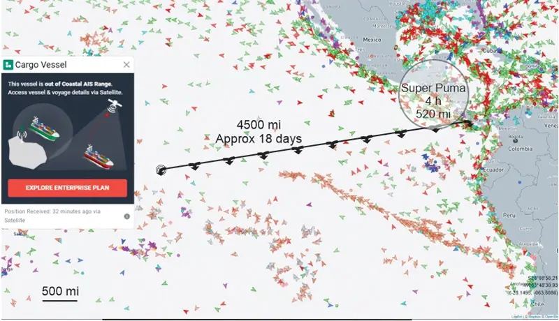 A nautical map showing the position of a cargo ship in the middle of the Indian ocean heading to Panama canal and the range of a helicopter Super Puma from the land