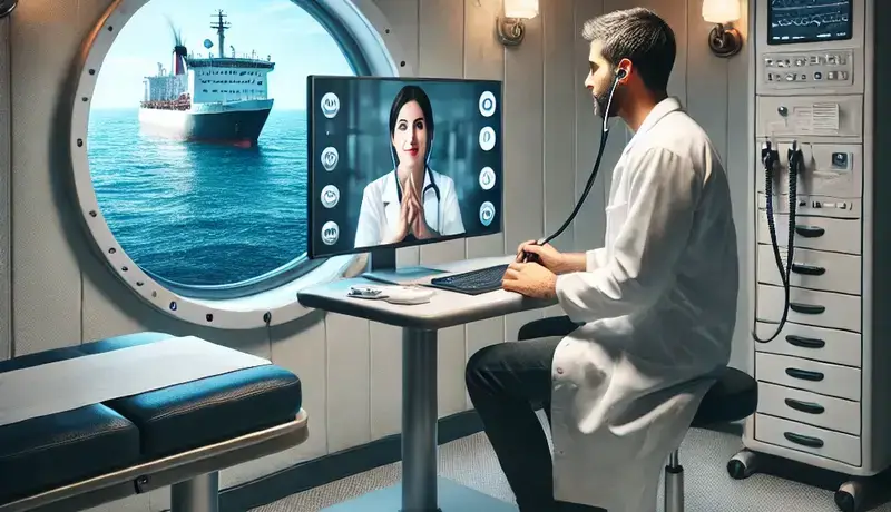 Doctor conducting a telemedicine consultation onboard a ship with medical equipment and an ocean view in the background.