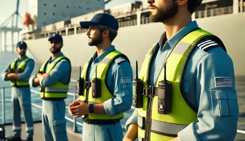 Maritime pilots on a ship deck, wearing safety vests and uniforms, communicating and preparing for a piloting task, with a large vessel in the background.