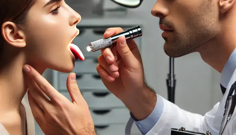 A doctor examines his patient in her mouth
