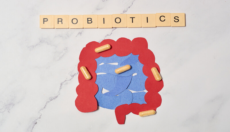 Pills of nutritional supplements and probiotics for better digestion.