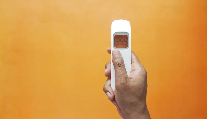 Hand holding a digital thermometer showing a low temperature