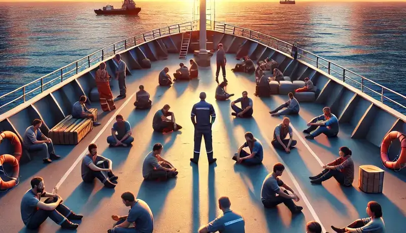 Seafarers sitting in a group on the deck of a ship at sunset, participating in a meditation or team-building activity, symbolizing mental health and unity.