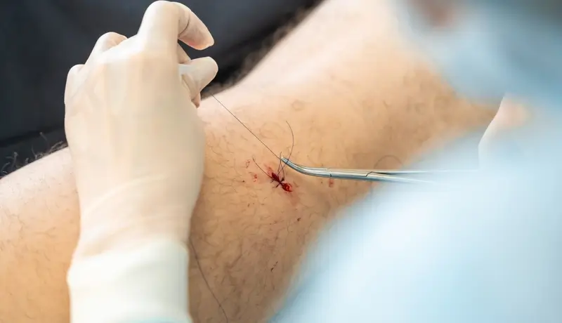 Γιατρός με χειρουργικά γάντια εκτελεί συρραφή τραύματος σε ασθενή χρησιμοποιώντας ράμμα και ιατρικά εργαλεία.