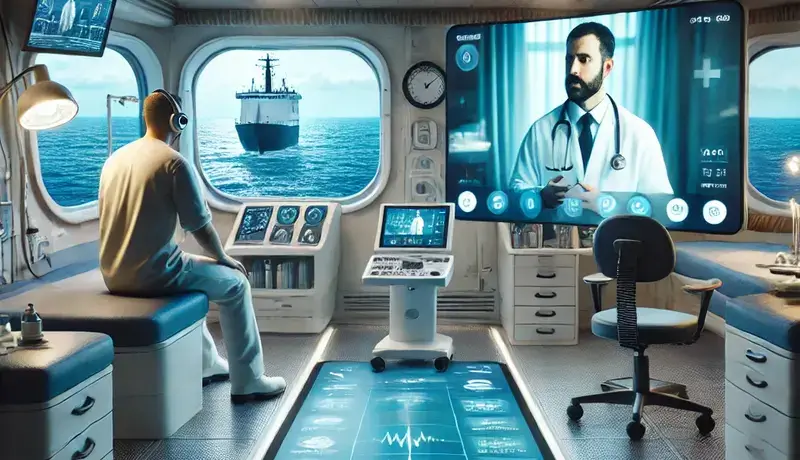 A maritime medical room equipped with telemedicine technology, where a person consults a doctor remotely on a large screen.
