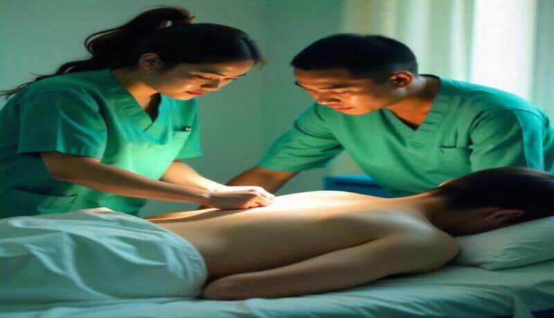 2 nurses preparing the patient for a thoracic paracentisis procedure