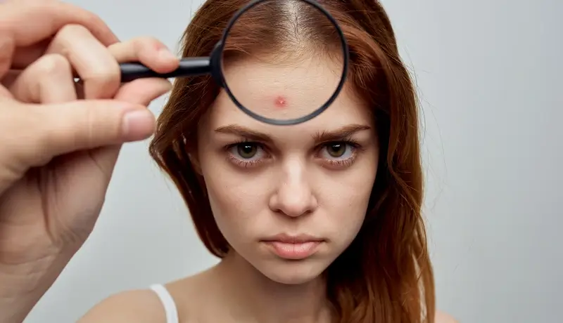 woman squeezes pimple on her forehead skin problems cosmetology
