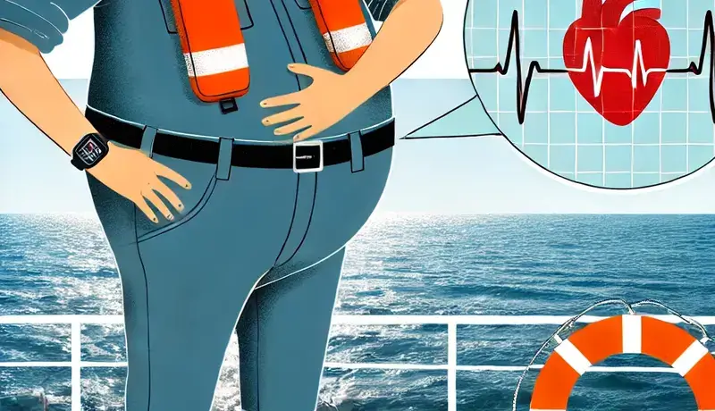 An illustration of an overweight maritime worker on a ship deck, with health indicators such as a heart rate monitor and life vest, representing obesity-related health concerns in the maritime industry.